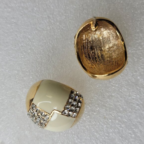 White And Gold Oval Earrings with Clear Crystals Small White Earrings - Picture 4 of 9